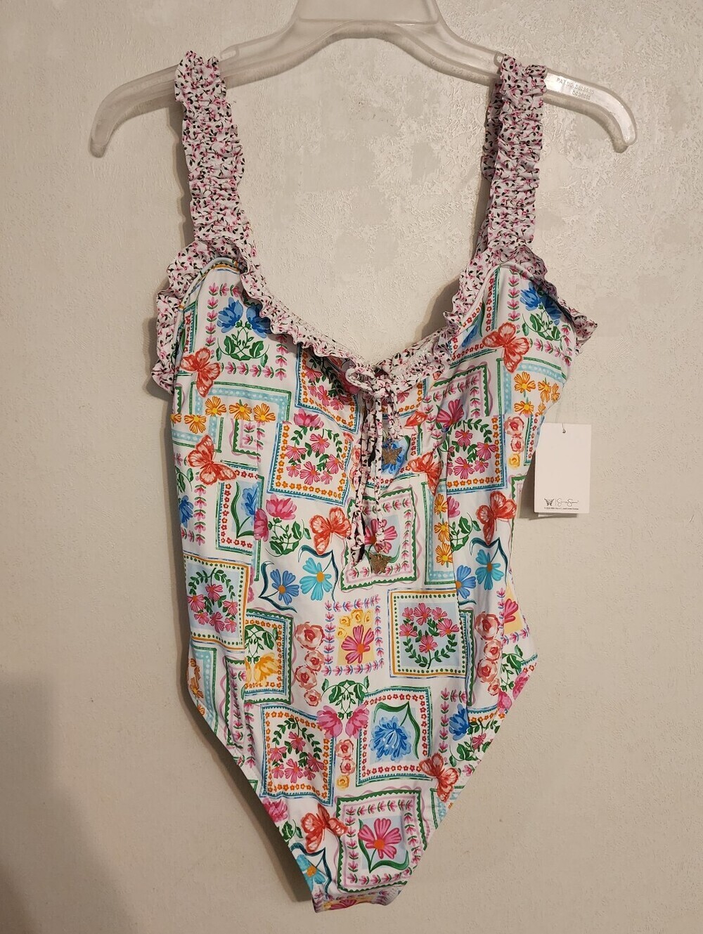Jessica Simpson Floral Butterfly Lace Up Patchwork One Piece Swimsuit NWT XL